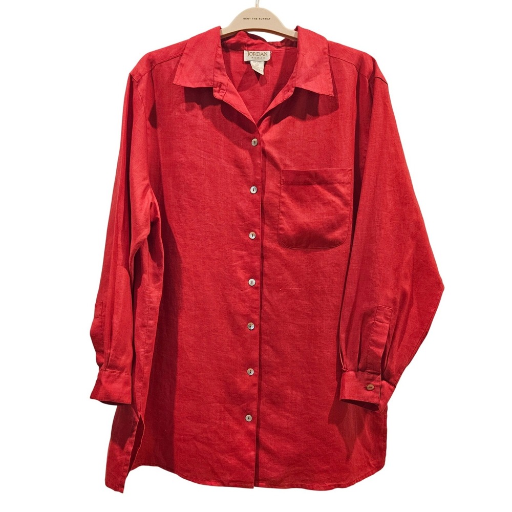 Jordan Woman Red 100% Linen Long Sleeve Button Up Shirt Size 16W vintage coastal